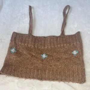 Hazel Moon Large Knit Brown/Tan Cropped Tank Top w/ Knitted Flowers